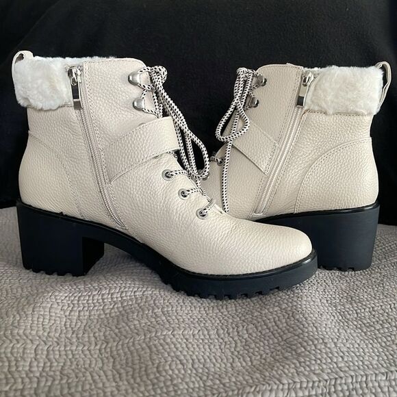 NWOT saks fifth ave leather combat boots ivory faux fur trim size 9 - Picture 6 of 9